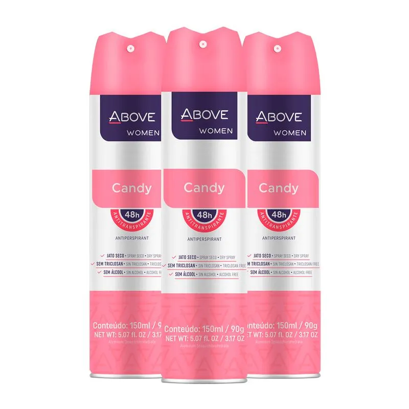 Desodorante Above Candy Feminino S/ Álcool 48h 90g (3 Und)