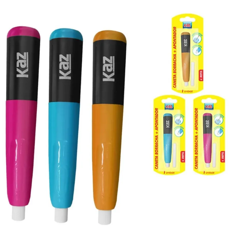 Kit Material Escolar Caneta 2 Em 1 Apontador Coletor Com Borracha E Refil Kaz Escola Faculdade Lindo