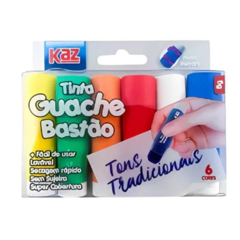 Tinta Guache Bastão Caneta Retrátil 6 Cores Tradicionais Kaz