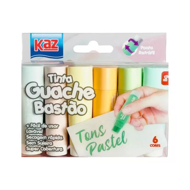 Tinta guache bastão caneta retrátil 6 cores tons pastel kaz