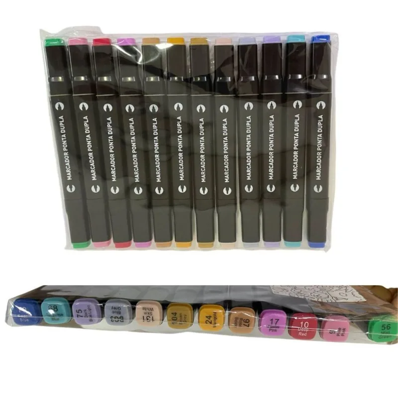 Pincel Marcador Artistico Permanente Ponta Dupla 12 Cores
