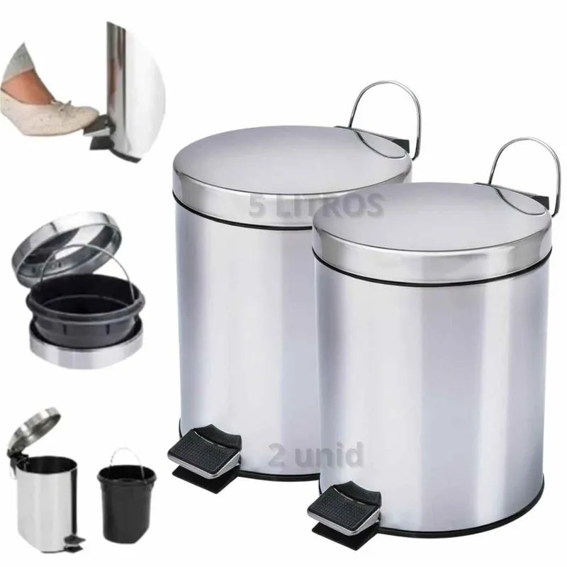 2 Cesto De Lixo 5lts 100% Inox c/ Pedal Banheiro E Cozinha