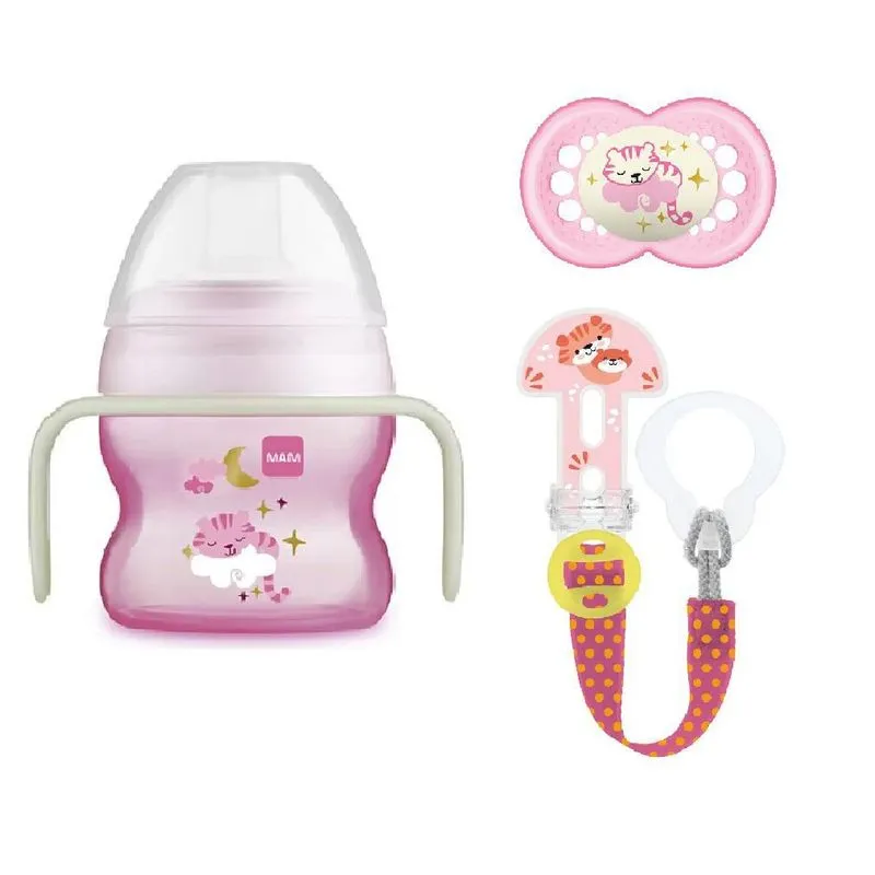 Kit Copo De Transição + Prendedor + Chupeta Gatinho Rosa Mam