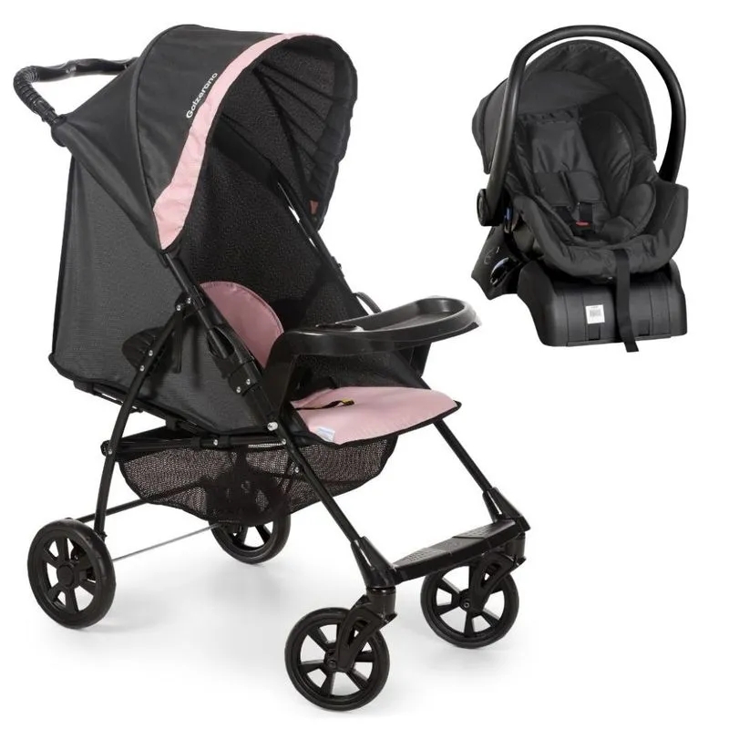 Conjunto Carrinho Romano Preto Rosa Com Bebê Conforto E Base