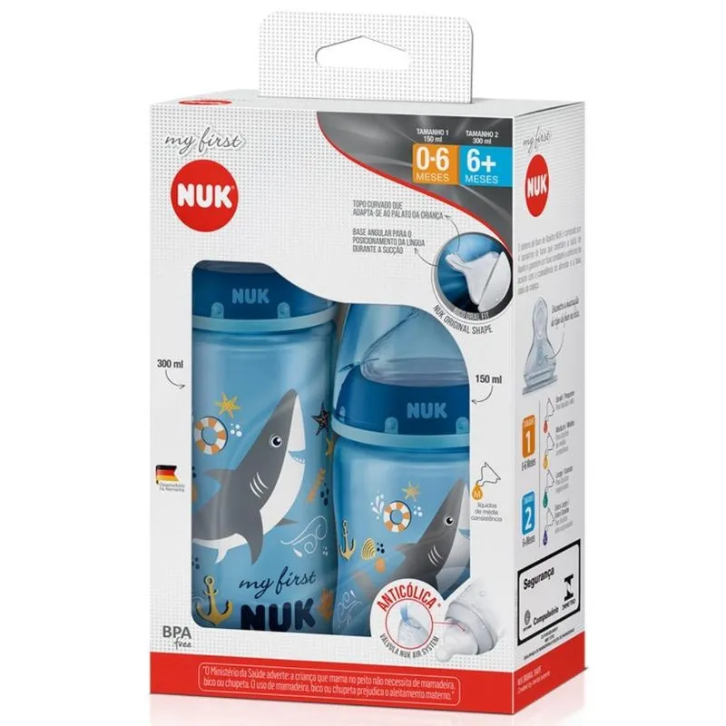 Kit Mamadeiras My First 150 Ml E 300 Ml Azul Tubarão - Nuk