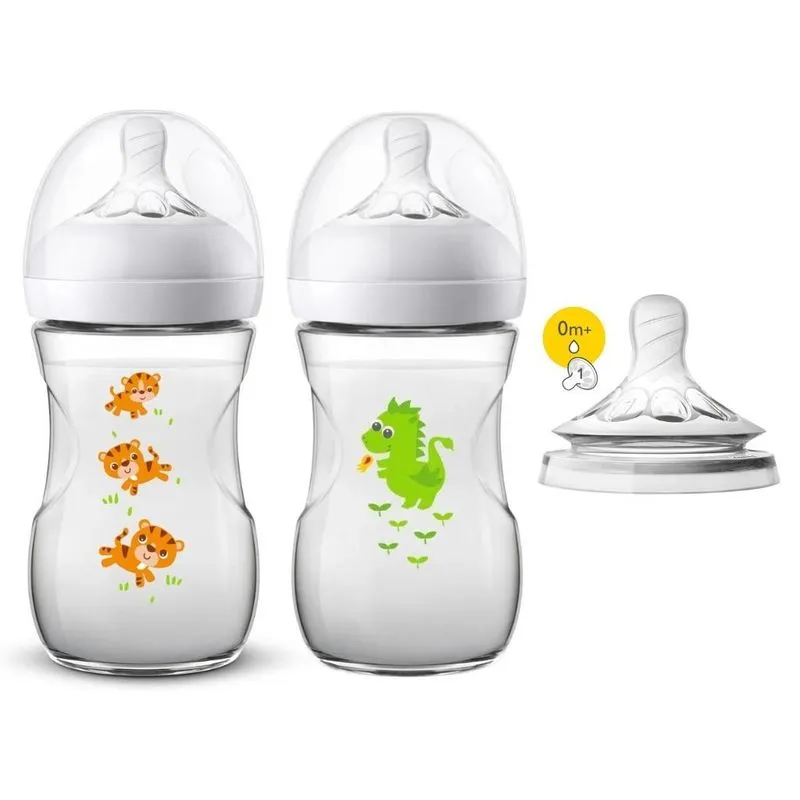 Mamadeiras Avent Tigre E Dragão 260ml Com Bico Pétala 2 Un.