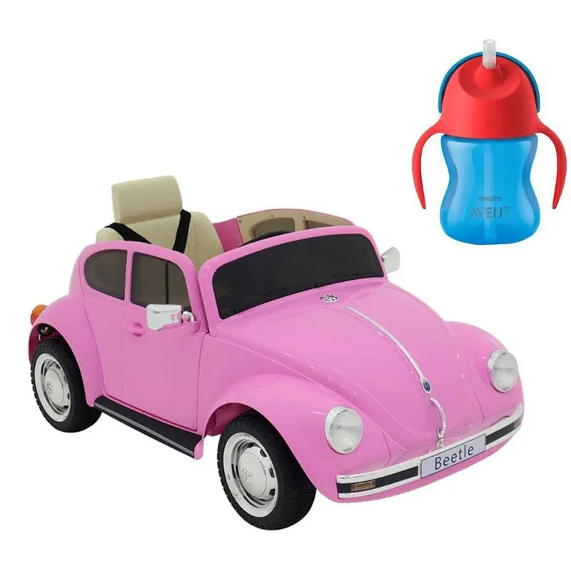 Carro Elétrico Beetle 12v Rosa Com Copo Dinossauro E Canudo