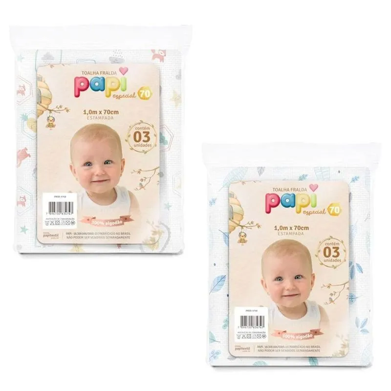 Kit Toalha De Fralda 70 Estampada Azul/neutra - Papi Mami