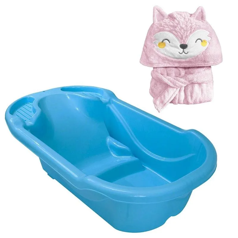 Banheira Tutti Baby Ergonômica + Roupão Infantil Raposa Rosa