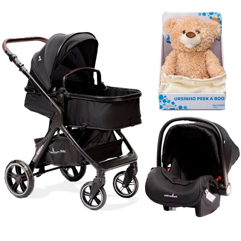 Carrinho Bebê Conforto Kansas Preto + Pelúcia - Premium Baby