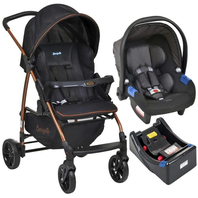 Carrinho De Bebê Ecco Preto Cobre Com Bebê Conforto E Base