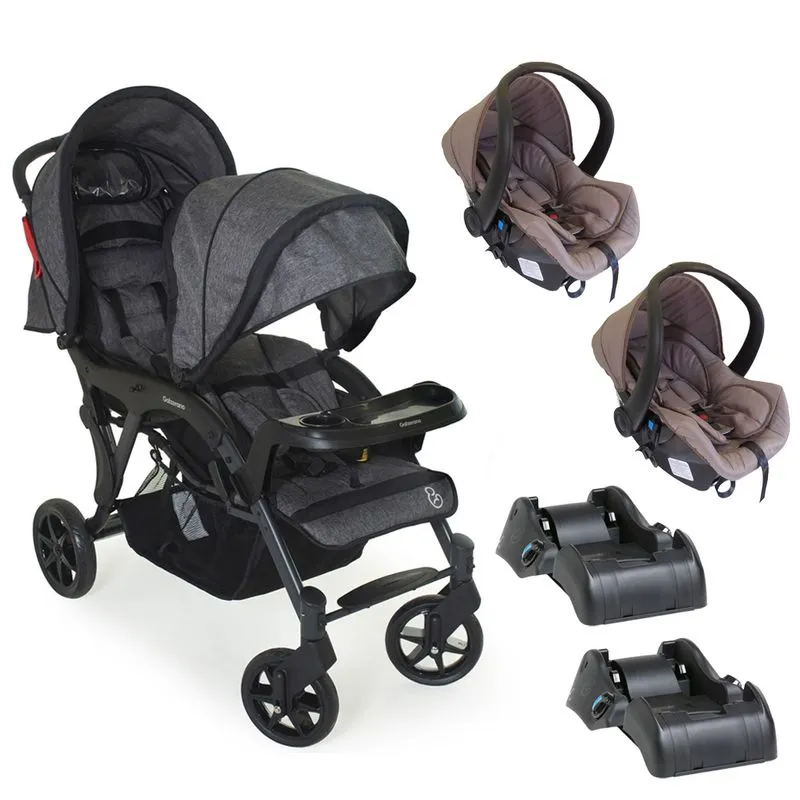 Carrinho Para Gêmeos Doppio Ii Com 2 Bebê Conforto E 2 Base