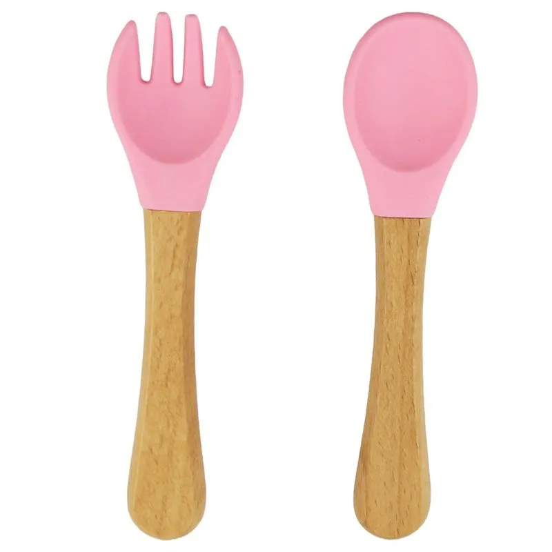 Kit Infantil Garfo e Colher de Silicone Cabo de Madeira Rosa