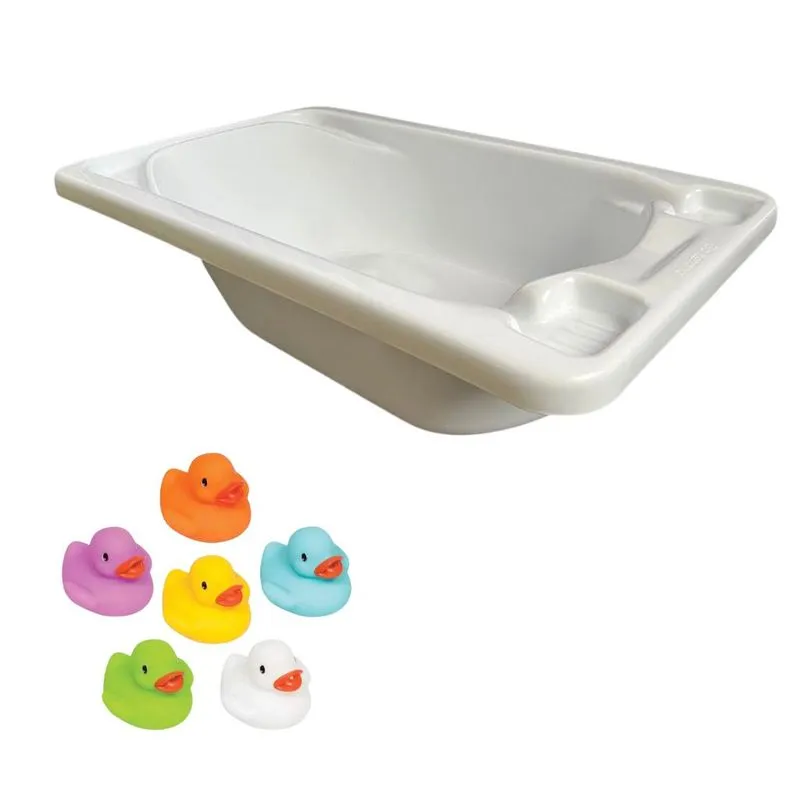 Banheira Plástica Rígida Branca E Patinhos De Banho
