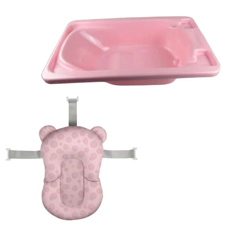 Banheira Plástica Rígida Rosa Perolado E Almofada De Banho