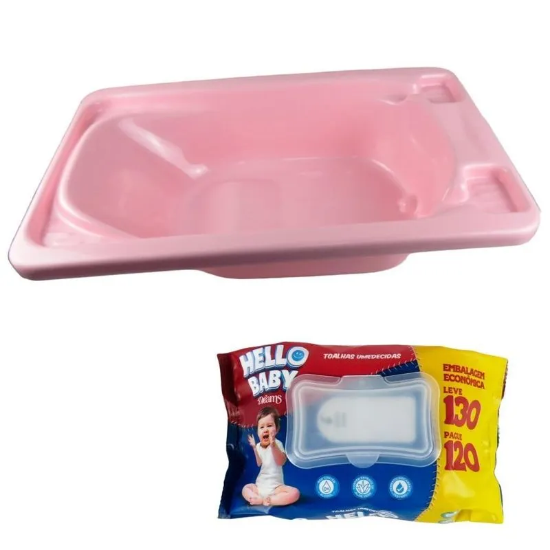 Kit Banheira Plástica Rígida Rosa E Lenços Umedecidos 130 Un