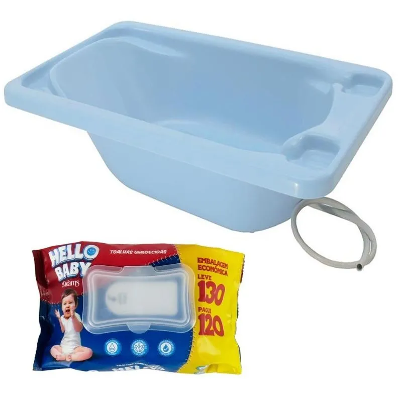Kit Banheira Plástica Rígida Azul E Lenços Umedecidos 130un.