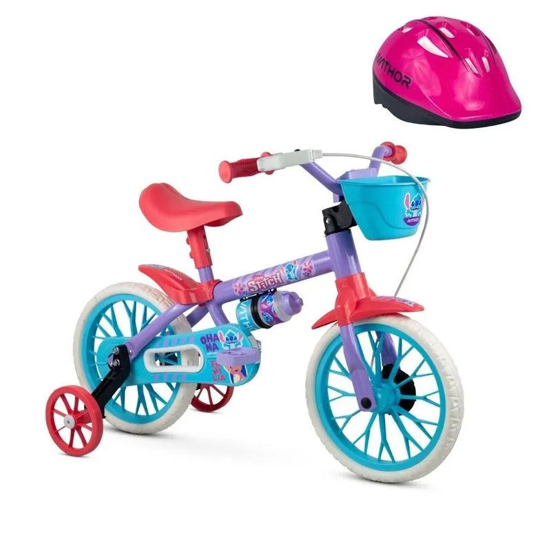 Kit Bicicleta Infantil Aro 12 Com Rodinhas Stitch E Capacete