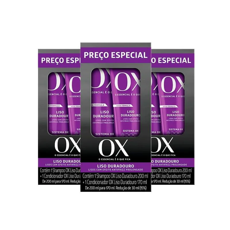 Kit Com 3 Shampoo 200ml+condicionado 170ml Ox Liso Duradouro