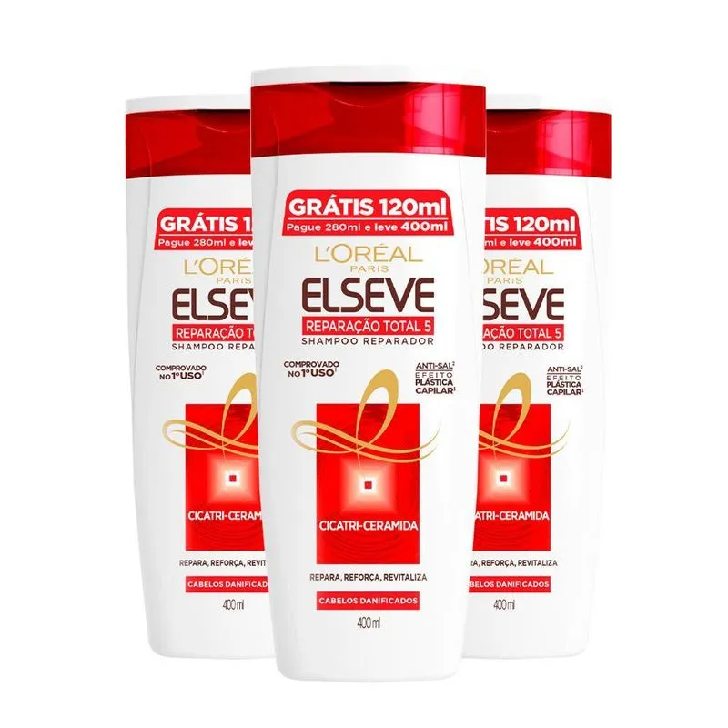 Kit Com 3 Shampoo Elseve Reparação Total 5 Cicatri 400ml