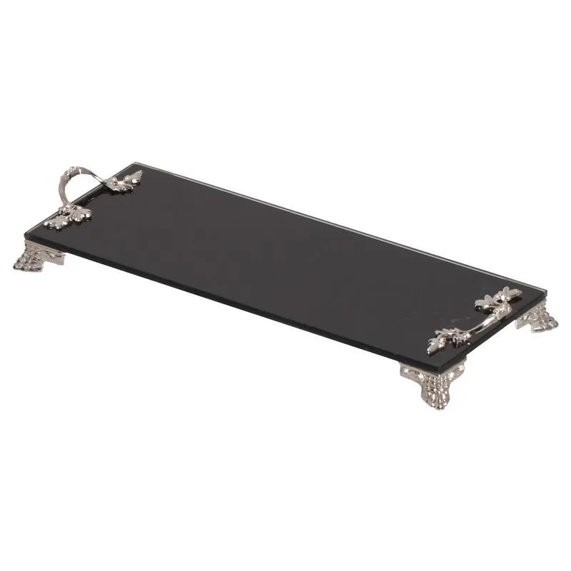 Bandeja Alça Espelhada 10x25 Preto Pé Babilonia Prata