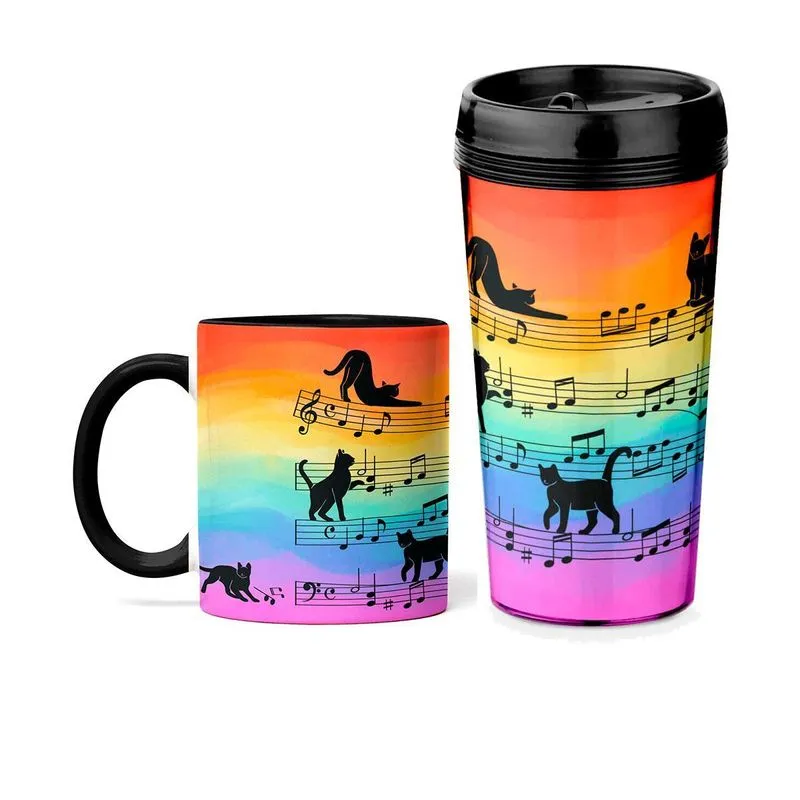 Kit Copo Viagem E Caneca Gato Musical Arco Iris Colorido Cat