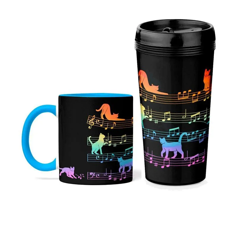 Kit Copo Viagem Caneca Gato Musical Arco Iris Cat Lover Azul