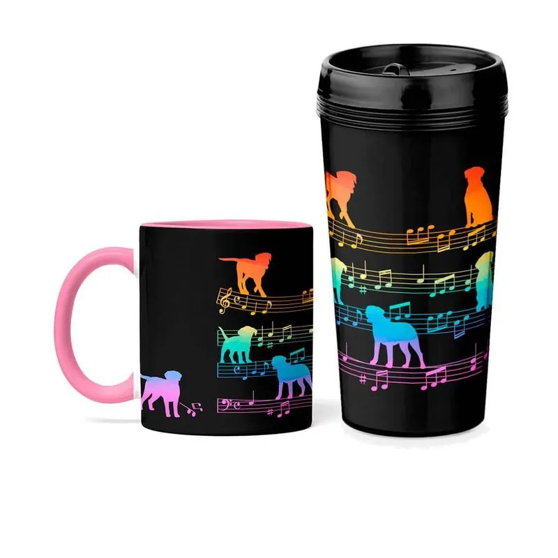 Kit Copo Viagem E Caneca Cachorro Musical Arco Iris Rosa