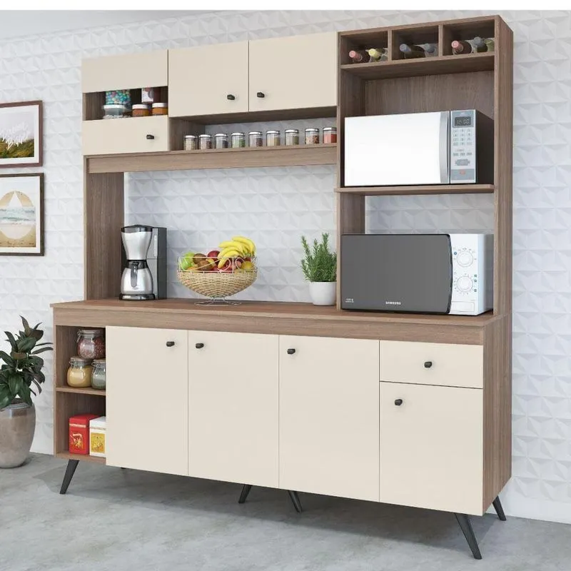 Cozinha Compacta Retrô c/7 Portas/Tampo-Teka/Champagne Cinza