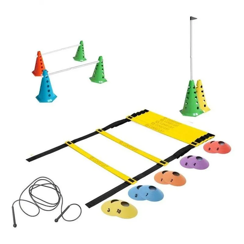 Kit 1 Escada 10 Chapéus 6 Cones Furados 3 Barreiras E 1 Corda De Pular Colorido