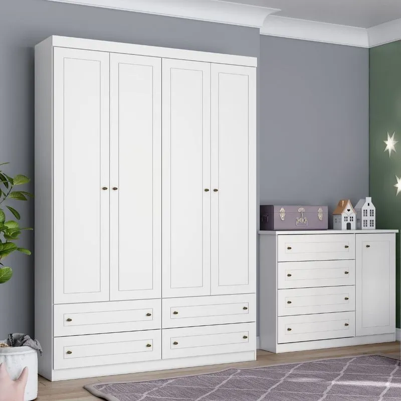 Quarto de Bebê Guarda Roupa 4 Portas 4 Gavetas e Cômoda 4 Gavetas 1 Porta Americano Henn
