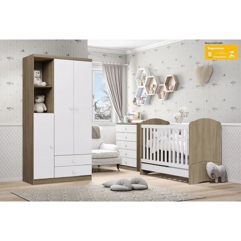 Quarto de Bebê Completo Berço Mini Cama Guarda Roupa 3 Portas 2 Gavetas e Cômoda 5 Gavetas Bala de Menta Henn