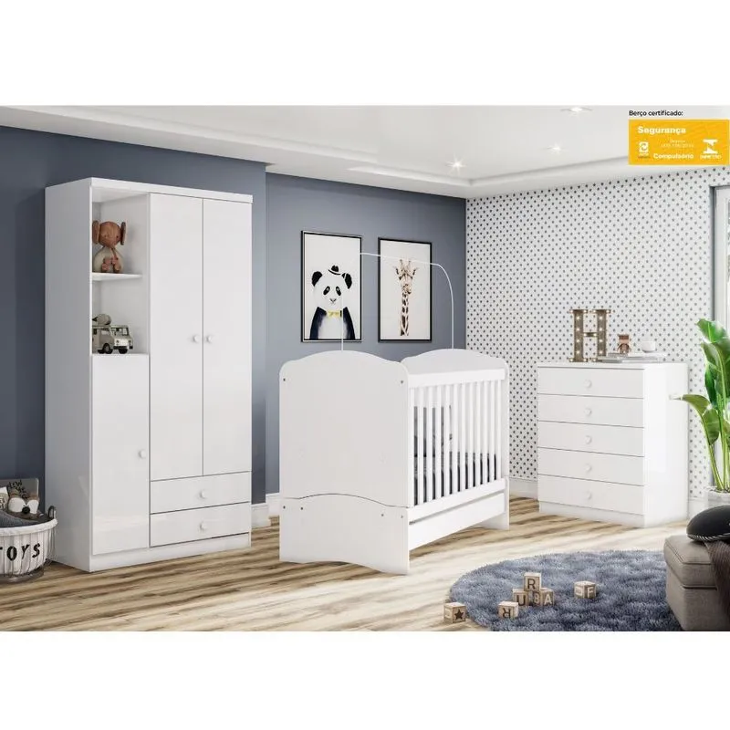 Quarto de Bebê Completo Berço Mini Cama Guarda Roupa 3 Portas 2 Gavetas e Cômoda 5 Gavetas Bala de Menta Henn
