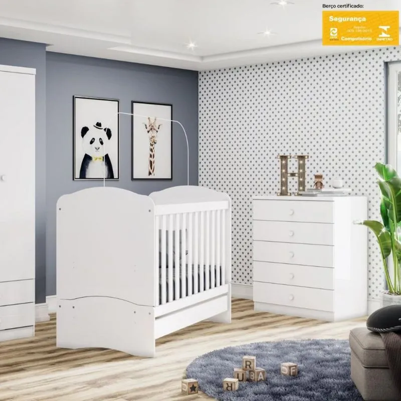 Quarto de Bebê Berço Mini Cama e Cômoda 5 Gavetas Bala de Menta Henn
