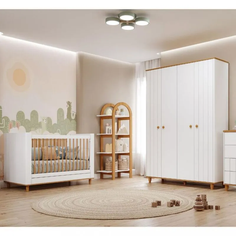 Quarto de Bebê Completo Berço e Guarda Roupa 4 Portas 100% MDF Lívia Mobikasa