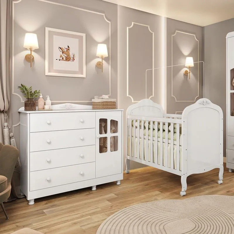 Quarto de Bebê Completo com Berço Mini Cama e Cômoda 100% MDF com Janela Elô New Móveis Peroba