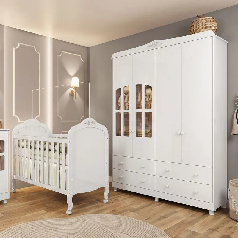 Quarto de Bebê Completo com Berço Mini Cama e Guarda Roupa 100% MDF com Janela Elô New Móveis Peroba