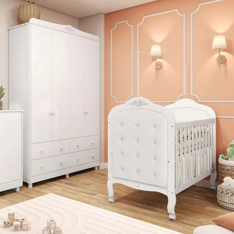Quarto de Bebê Completo com Berço Mini Cama com Capitonê e Guarda-Roupa 100% MDF Elô New Móveis Peroba