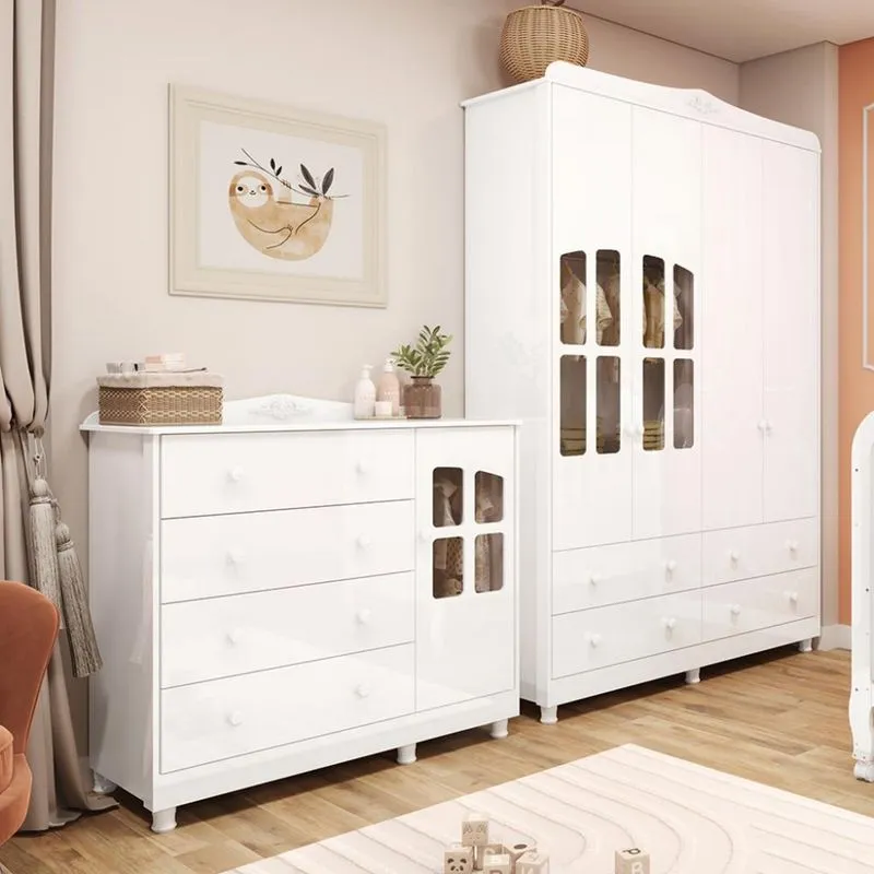 Quarto Infantil com Guarda Roupa e Cômoda com Janelas 100% MDF Elô New Móveis Peroba