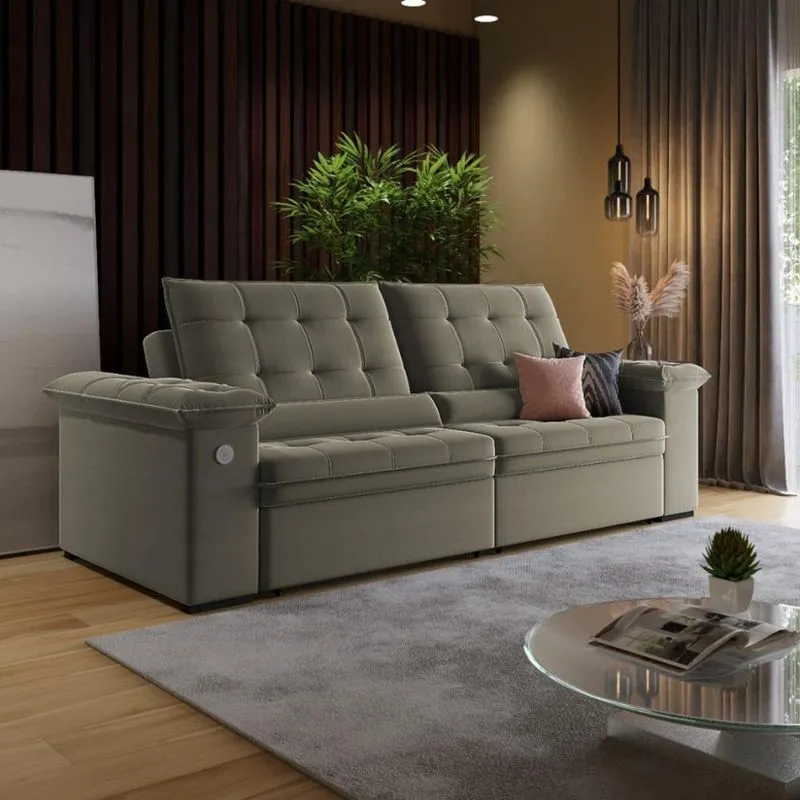 Sofá 3 Lugares Retrátil Reclinável com USB Veludo 230cm Khalifa Wood Estofados