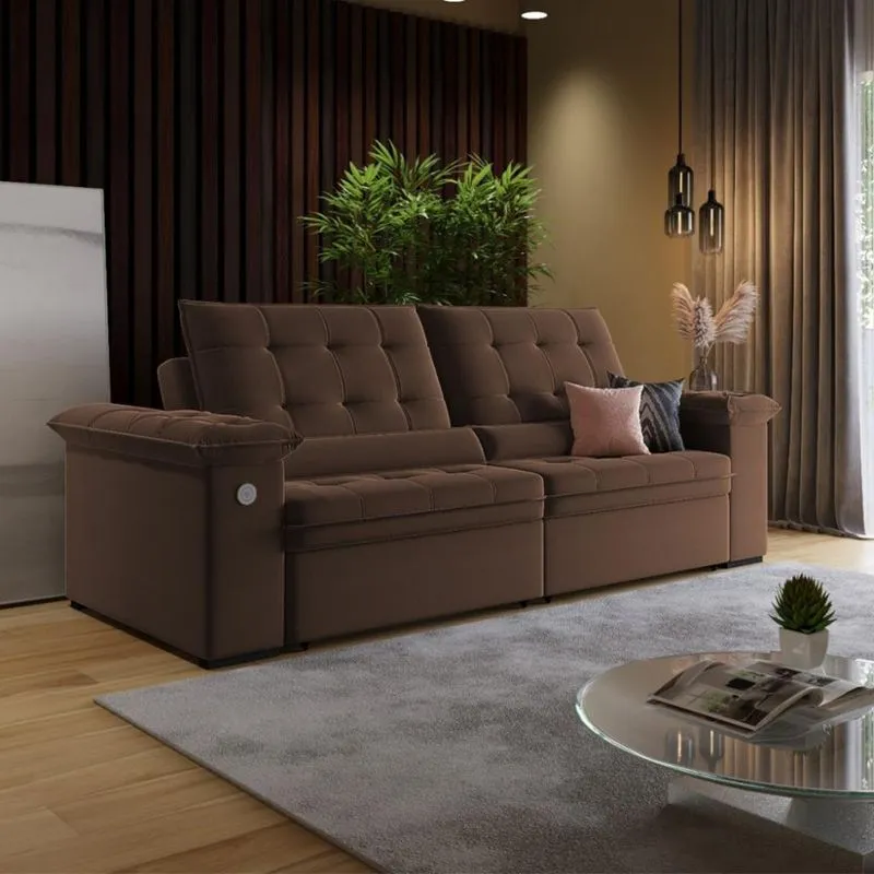 Sofá 3 Lugares Retrátil Reclinável com USB Veludo 230cm Khalifa Wood Estofados