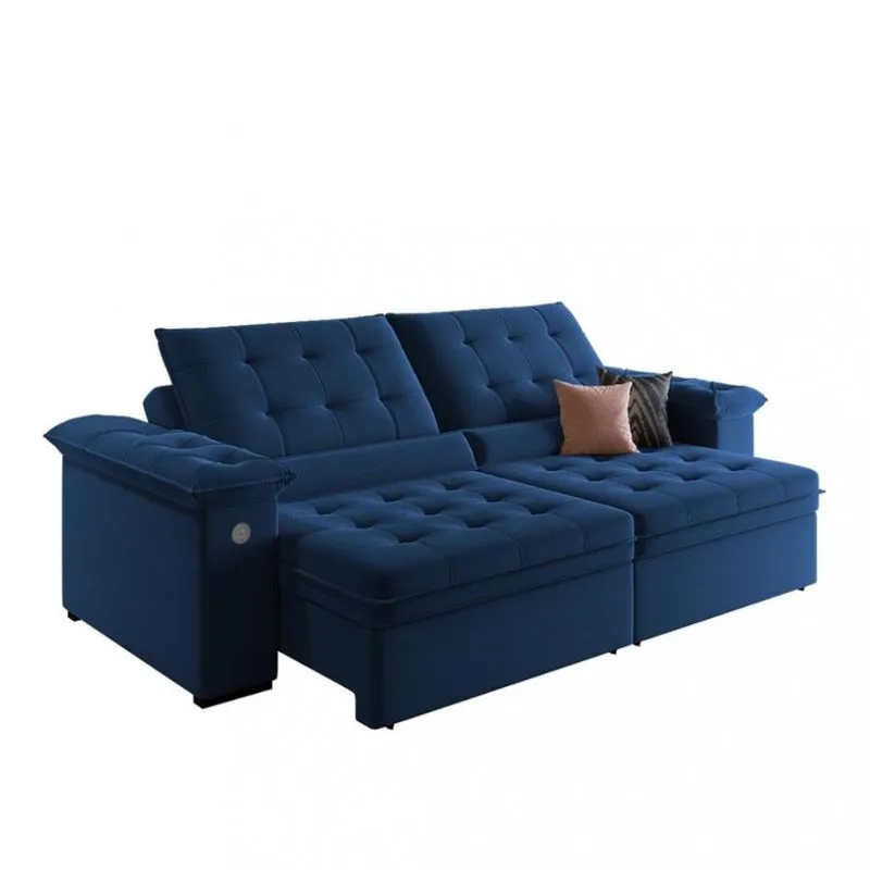 Sofá 3 Lugares Retrátil Reclinável com USB Veludo 230cm Khalifa Wood Estofados