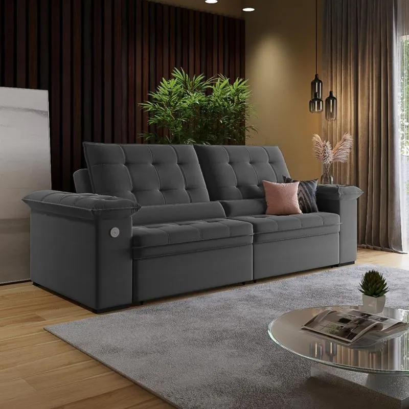 Sofá 3 Lugares Retrátil Reclinável com USB Veludo 230cm Khalifa Wood Estofados