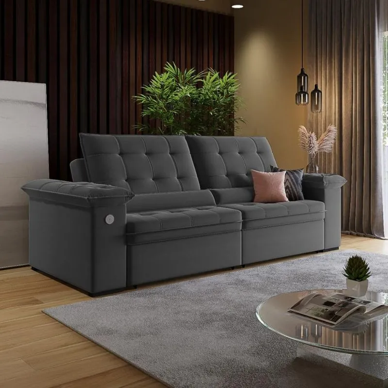 Sofá 3 Lugares Retrátil Reclinável com USB Veludo 200cm Khalifa Wood Estofados