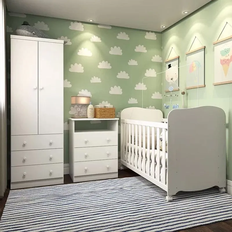 Quarto de Bebê Completo com Berço Americano Uli Guarda Roupa e Cômoda mdf Smim New Móveis Peroba