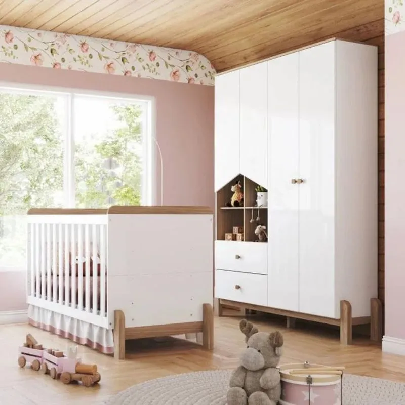Quarto de Bebê Berço 2 em 1 e Guarda Roupa 4 Portas Ternura Henn