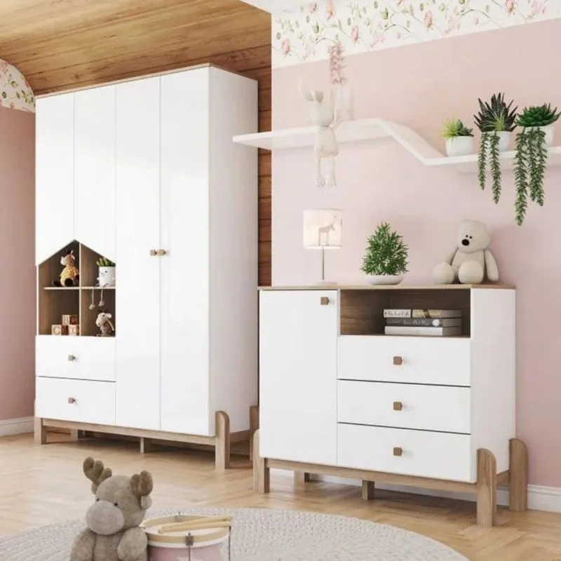 Quarto de Bebê Guarda Roupa 4 Portas e Cômoda Ternura Henn