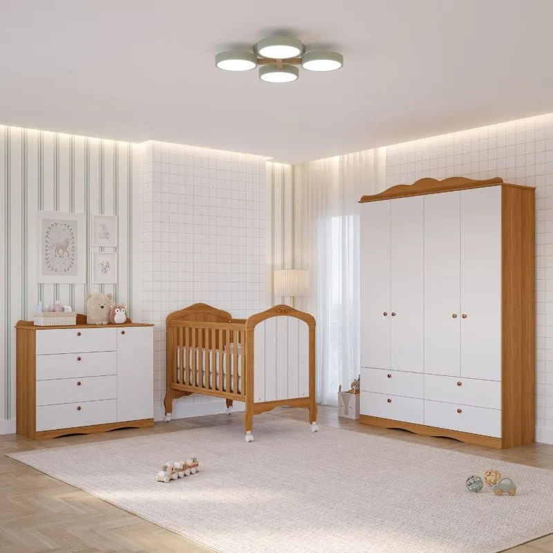 Quarto de Bebê com Guarda Roupa 4 Portas Cômoda Berço 2 em 1 100%MDF Laura Permobili