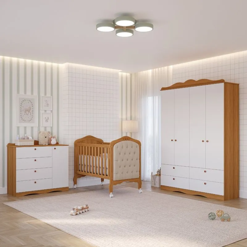 Quarto de Bebê com Guarda Roupa 4 Portas Cômoda e Berço Capitonê 2 em 1 100%MDF Laura Permobili