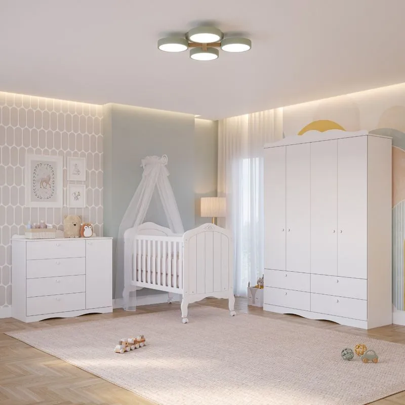 Quarto de Bebê com Guarda Roupa 4 Portas Cômoda Berço 2 em 1 100%MDF Laura Permobili